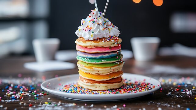 A towering stack of brightly colored rainbow pancakes generously topped with whipped cream and vibrant sprinkles sits ready to eat.