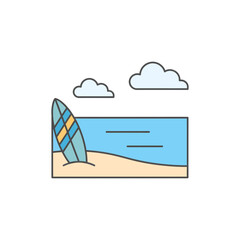 Obraz premium Surfboard on Beach with Ocean and Clouds Vector Icon