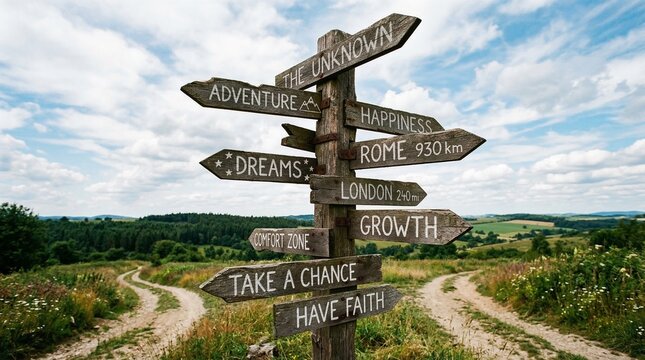 Crossroads signpost with multiple directions: adventure, dreams, happiness, growth, take a chance, have faith