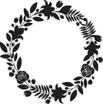 Ornate black and white vector floral frame featuring a vintage nature design with summer flowers, leaf ornaments, and a butterfly silhouette illustration