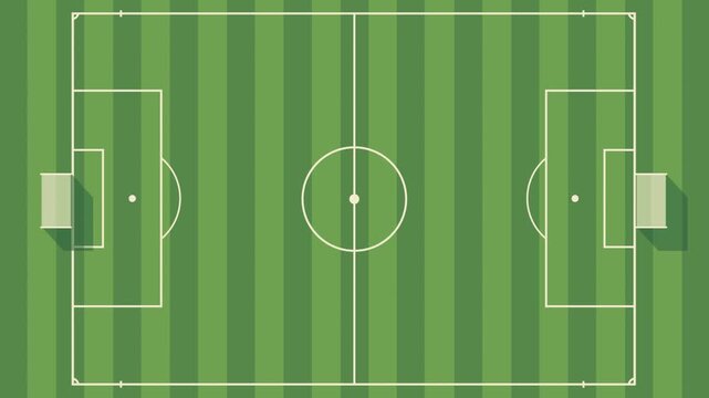 Slow zoom out from a vector football field. Minimalist flat design of a soccer stadium with green grass and white lines for sports highlights, gaming UI, and fitness app backgrounds.