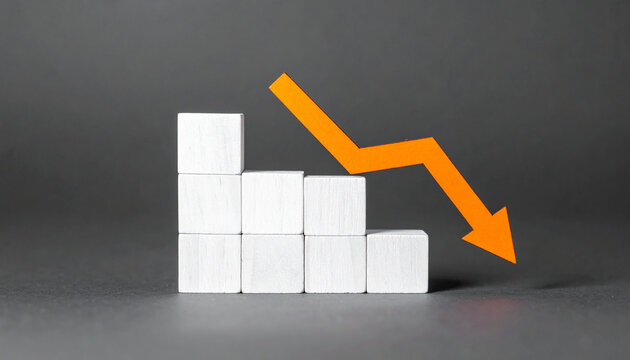 Minimalist white graph with orange arrow pointing downward, business risk, financial decline, clean modern composition, simple data chart design