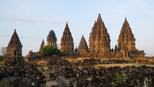 Prambanan temple complex in the morning. Hindu temple in Java, Indonesia