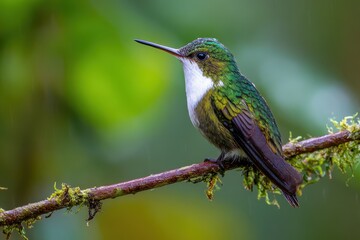 Fototapeta premium Tiny tropical bird with white crown in a tranquil Costa Rica rainforest backdrop