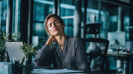 Tired businesswoman massaging neck at a desk after long laptop work in a modern office