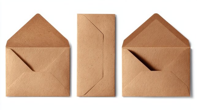 Three-panel presentation of a brown envelope: front, back, and opened interior on white