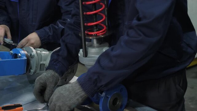 Worker's gloved hands installing red spring mechanism into blue industrial valve, technical manufacturing process
