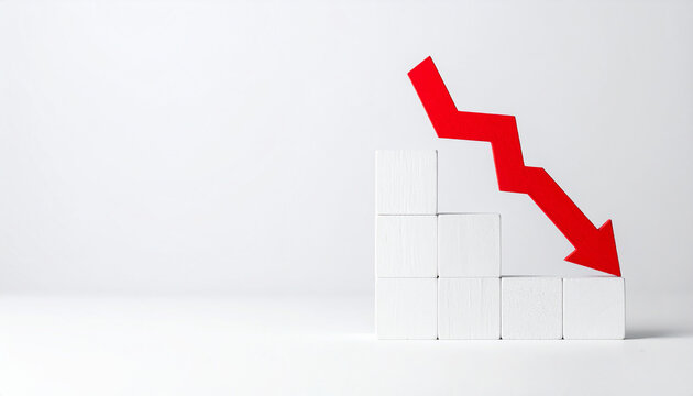 Minimalist white graph with red arrow pointing downward, business risk, financial decline, clean modern composition, simple data chart design