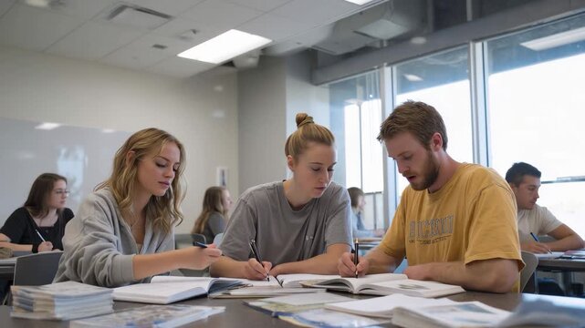 Students engaging in collaborative learning in a modern classroom setting during daytime hours