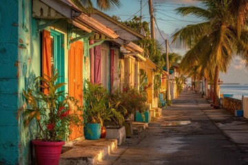 Fototapeta premium Vibrant Barbadian street scene with pastel houses by the tropical sea