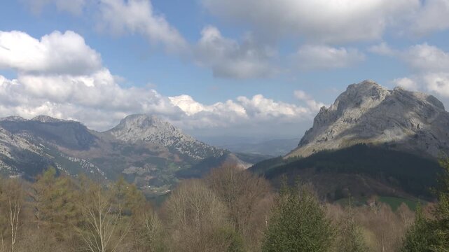 Rocky mountain landscape of Mount Anboto seen from Urkiola Natural Park in the Basque Country. Dramatic cliffs and rugged terrain associated with Basque mythology and natural heritage.
