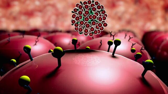 Virus particles attacking red blood cells in the human body  medical concept