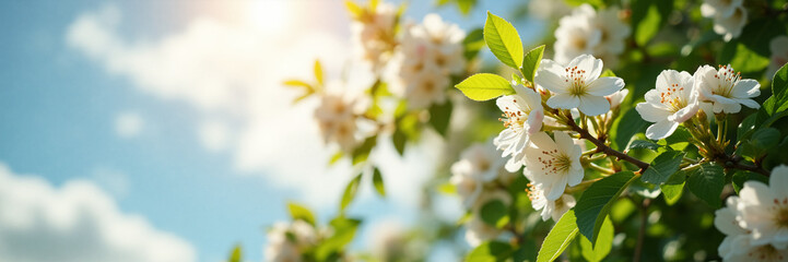 Fototapeta premium Close up of white hawthorn blossoms on a branch under bright sunlight. Spring floral banner with blue sky and copy space