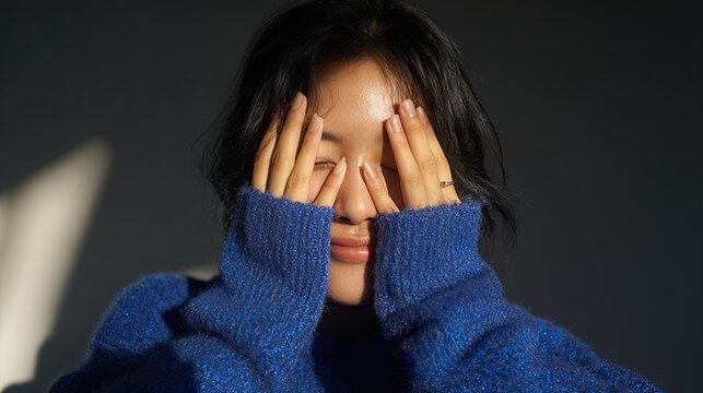 An Asian woman in a blue sweater covers her face from the bright light with her hands, squinting her eyes.