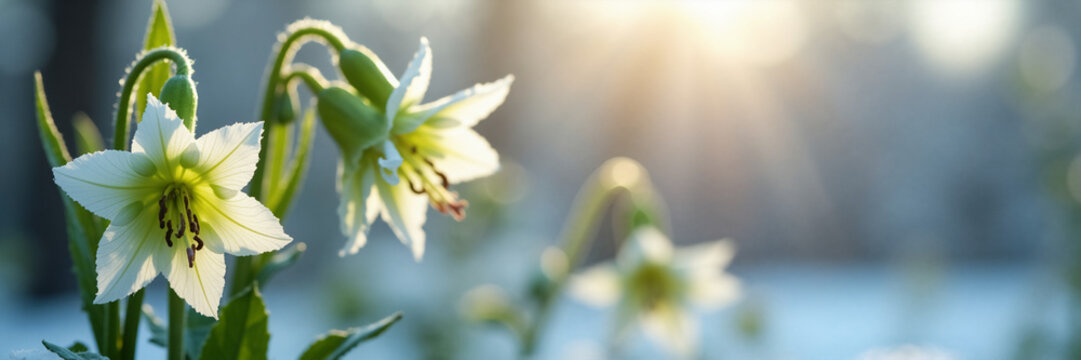 Macro photography of blooming white hellebore flowers in a winter garden. Wide banner of delicate blossoms with blurred sunlight and bokeh background