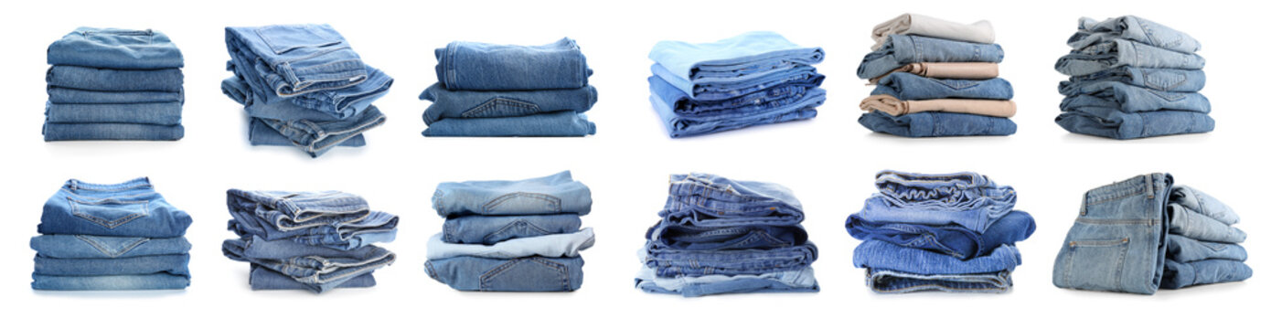 Set of stacked jeans clothes on white background