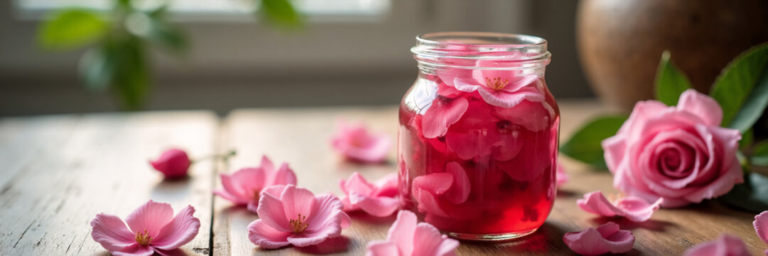 Glass jar of homemade pink rose petal jam on a rustic wooden table. Gourmet floral preserve and scattered blossoms. Spring flowers banner with copy space for text