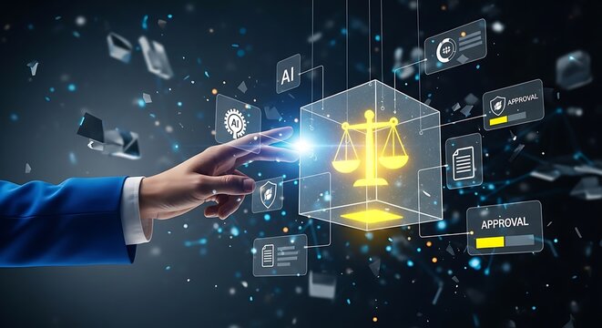 Digital Justice: A hand reaches out towards a glowing emblem of justice, intertwined with digital interfaces, symbolizing modern legal systems and technological progress.