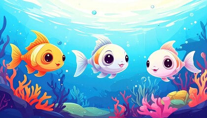 Fototapeta premium Cartoon-style depiction of three smiling goldfish swimming underwater, coral and light