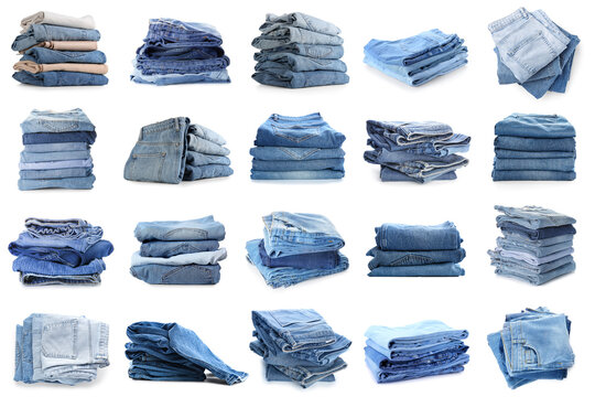 Set of stacked jeans clothes on white background