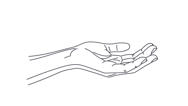 Simple line drawing of an open human hand palm up, representing giving, receiving, asking, or holding an invisible object.