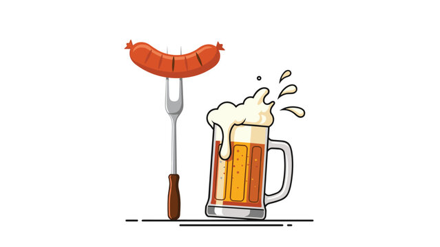Tall glass mug of frothy beer next to a grilled bratwurst sausage on a fork in a clean flat illustration style on white background.