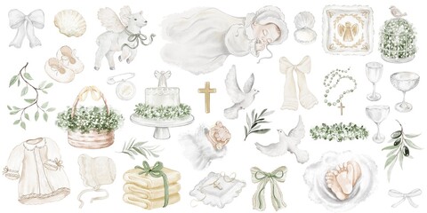 Obraz premium Baptism set watercolor hand painted with baby, cross, angel, lamb and greenery. Religious christening elements with chalice, pigeon, olive branch. Collection for invitation, card and ceremony use.
