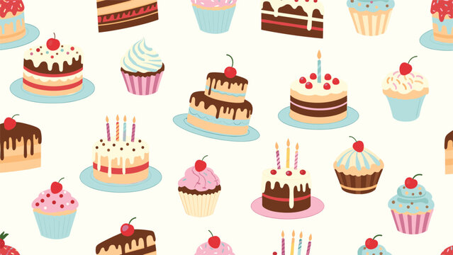 Delicious seamless pattern with various decorated cupcakes and slices of chocolate cake with cherries on a light cream background.