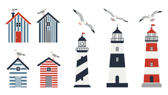 Collection of nautical illustrations including striped beach houses, lighthouses, and flying seagulls for maritime themed design projects.