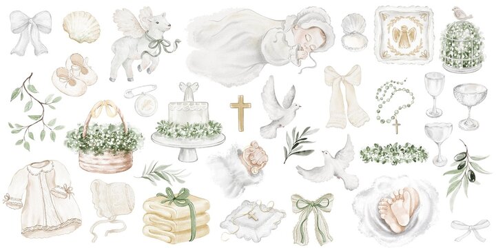 Baptism set watercolor hand painted with baby, cross, angel, lamb and greenery. Religious christening elements with chalice, pigeon, olive branch. Collection for invitation, card and ceremony use.