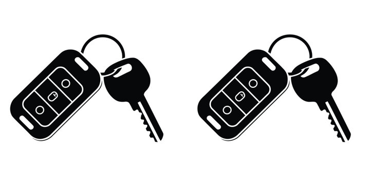 Car key remote fob illustration, two modern keys silhouette in black representing vehicle access, security systems, and automotive technology.
