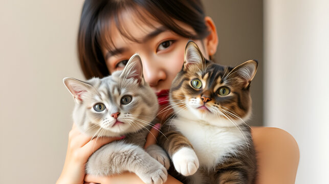 Asian chinese girl influencer modeling holding two cats, grey american short hair and chinese dragon lee lihua cat,