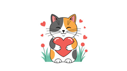 Obraz premium Adorable calico cat holding a big red heart in a garden setting is a charming illustration for valentines day or expressions of love.