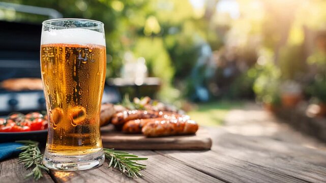Cold pint of beer in a frosty glass on a wooden table. Tasty grilled sausages and tomatoes on a cutting board in a backyard on a sunny day