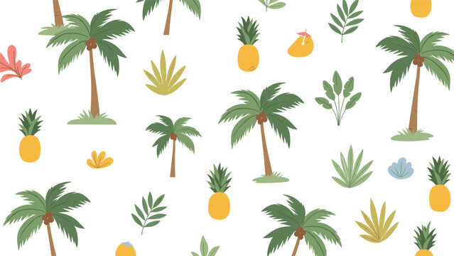 Tropical seamless pattern featuring tall palm trees, ripe pineapples, and coconuts evokes a sunny summer vacation and beach vibe.