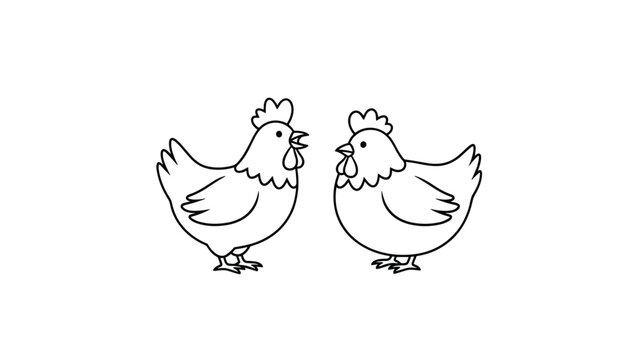 Minimalist line art illustration of two hens facing each other on a plain background for farm-themed designs and livestock projects.