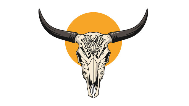 Stylized bull skull adorned with intricate tribal patterns is positioned in front of a bright orange sun on a clean white background.