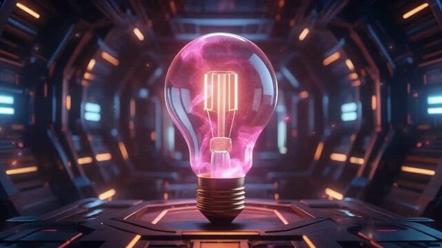 Glowing pink light bulb with a metal base on a circular platform in a futuristic room with neon orange lights and a dark metallic background.