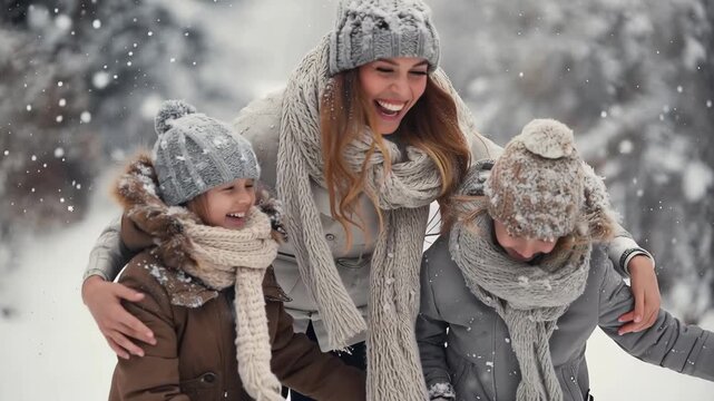 Happy family enjoying a winter day in the snow while playing and laughing together among snowy trees