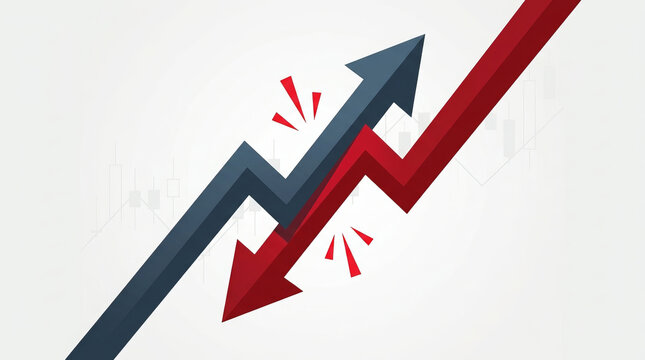 Upward blue arrow and downward red arrow crossing to show market volatility