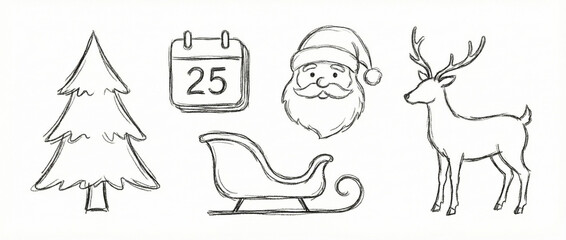 Fototapeta premium Christmas sketches: tree, calendar, Santa, sleigh, created AI
