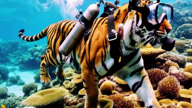 Hyper-Realistic Bengal Tiger Scuba Diving with Heavy-Duty Gear and Aluminum Tanks, Shimmering Caustics and 8k Detail