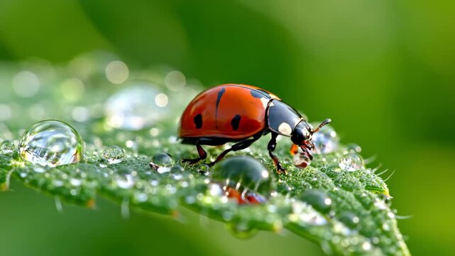 red ladybug crawling on green leaf covered with sparkling water drops. macro nature scene with dew. spring season environment. fresh morning background.