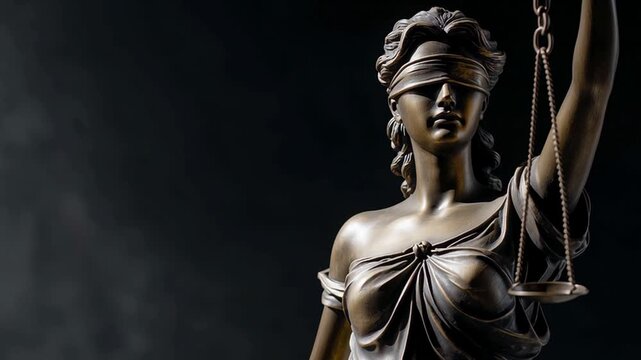 Bronze statue of Themis, the goddess of justice, holding scales in her hand. A symbol of law, order, and impartiality against a dark background