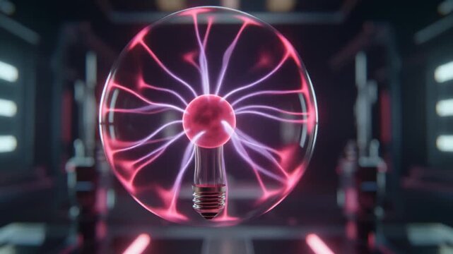 Close-up of a glowing purple and pink plasma ball with electric discharges in a dark laboratory setting with futuristic equipment.