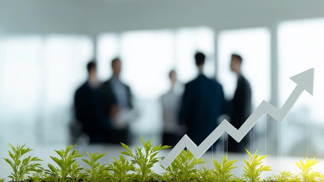 Upward arrow graph over growing plants with a corporate team in the background. Concept of sustainable business, green investment, and profit