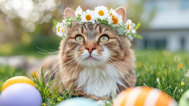Cute fluffy tabby cat wearing a chamomile wreath lying on green grass next to colored Easter eggs. Adorable pet enjoying spring holiday