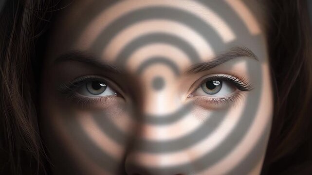 Captivating close up of a youthful woman's face featuring a mesmerizing spiral pattern subtly shimmering on her skin. Her piercing gaze is fixed straight ahead