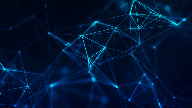 Abstract digital network of glowing nodes and connecting lines. Technological context. Network connection structure. Interweaving effect. Vector illustration