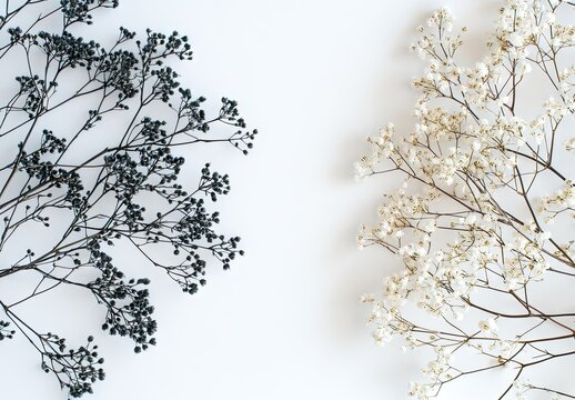 Black and white dried baby's breath flowers arranged on a white background, showcasing their delicate and intricate structure
